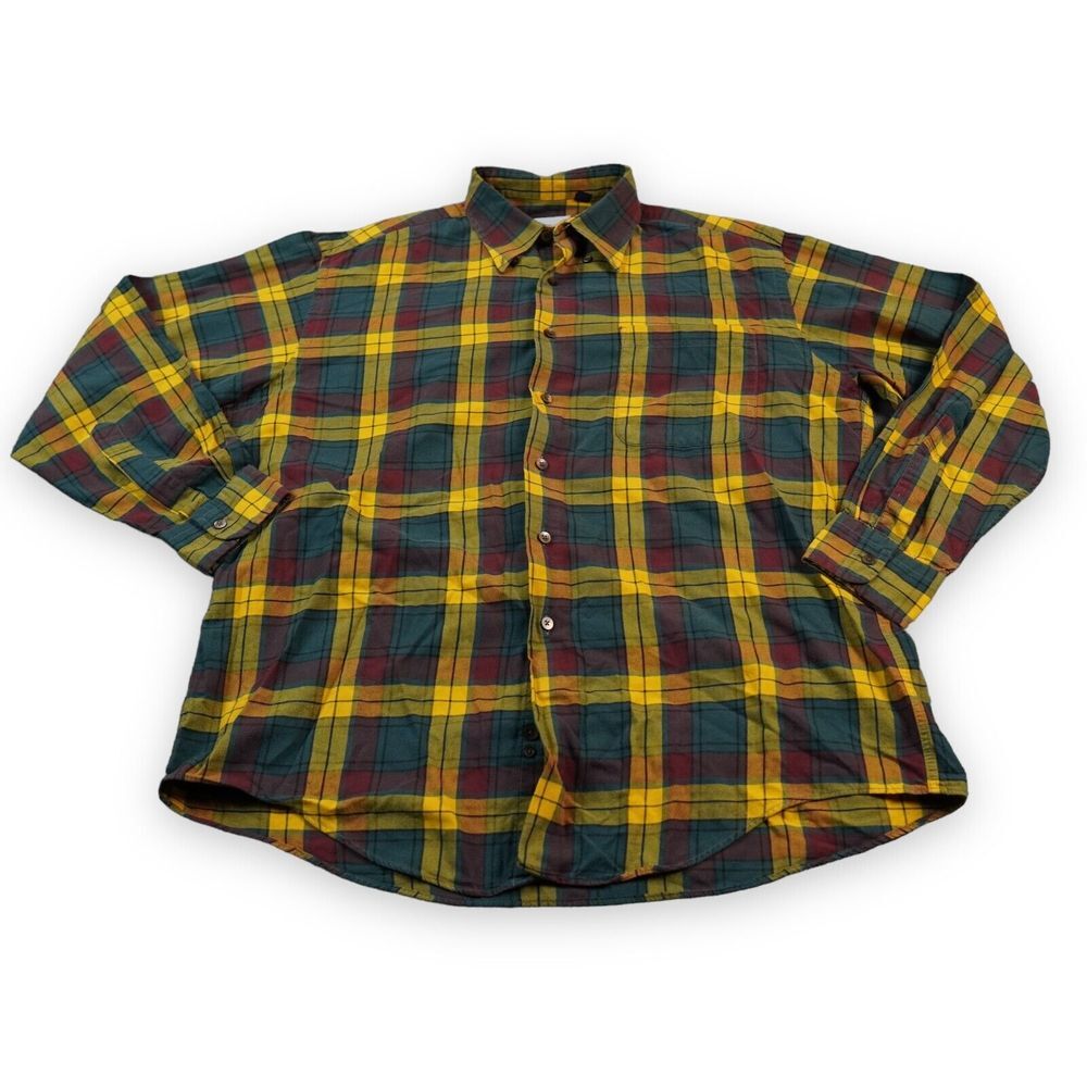 Vintage Bullock Jones Men's Shirt Yellow Red Green Plaid Tartan San Fransancisco